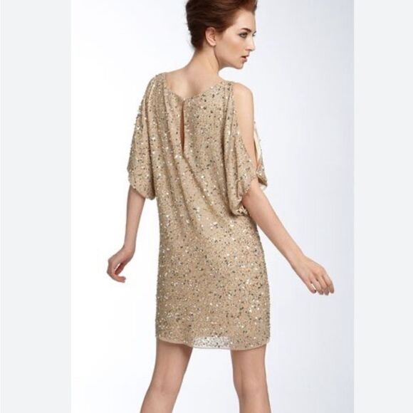 Aidan Mattox Silk Dress Gold Beaded Sequin Cold Shoulder Mini Cocktail Prom Sz 2 - Picture 1 of 15